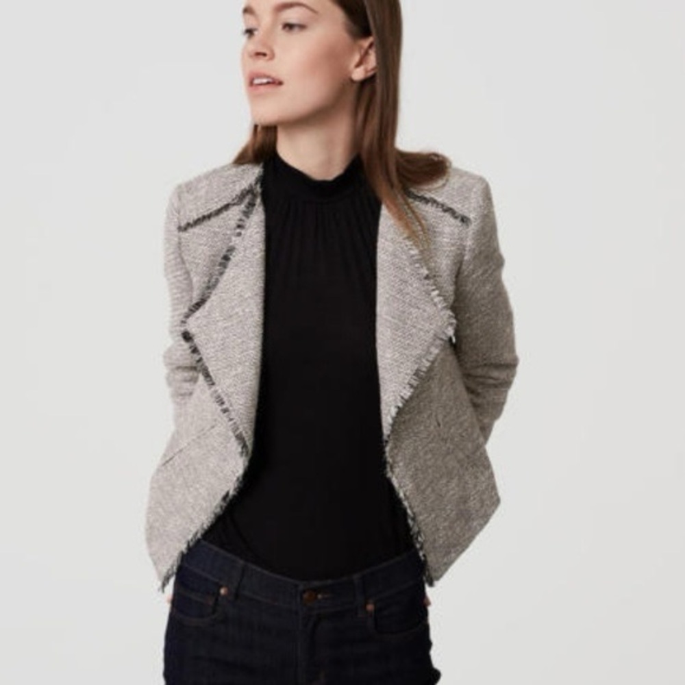 LOFT Frayed-Trim Tweed Open-Front Blazer in Gray